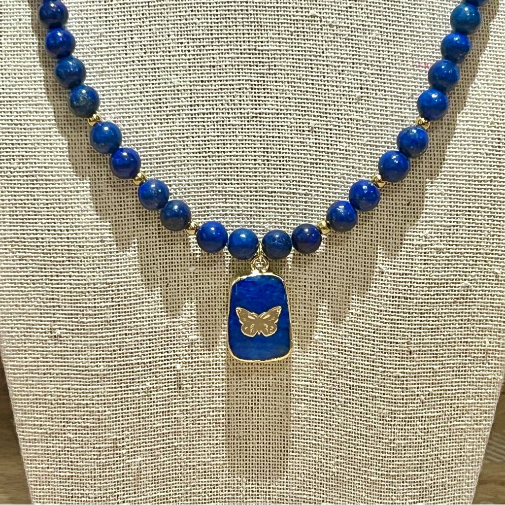New Beautiful Genuine Lapis Lazuli & Gold Leaf Butterfly Pendant Beaded Necklace